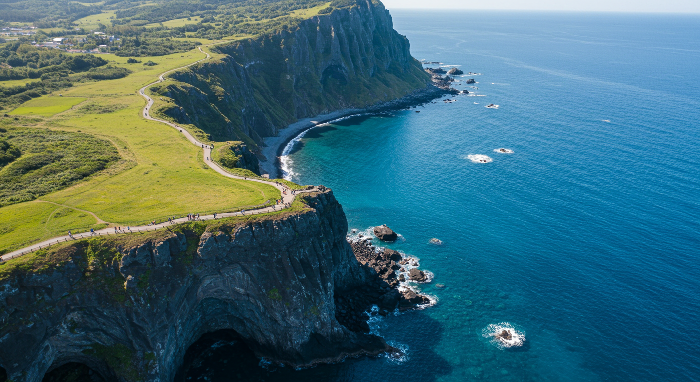 드론으로 촬영한 제주 올레길 해안선을 따라 걷는 한국인 트레커들의 모습