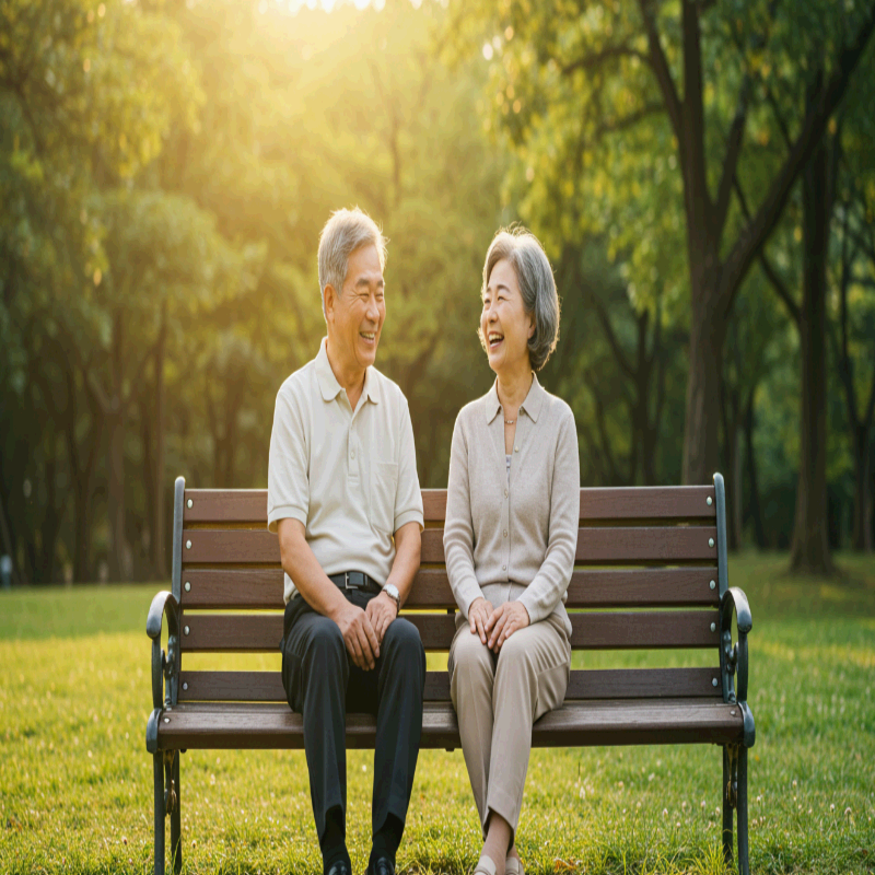 햇살이 따뜻하게 비치는 공원 벤치에 나란히 앉아 환하게 웃고 있는 노부부의 모습입니다. 배경에는 푸른 나무와 초록빛 잔디가 어우러져 자연 속에서의 평온한 분위기를 자아냅니다. 두 사람의 표정은 여유롭고 행복해 보이며, 건강한 노년의 삶과 부부애를 상징적으로 보여주는 장면입니다. 활기찬 노후, 웰에이징, 행복한 시니어 라이프를 잘 표현하는 이미지