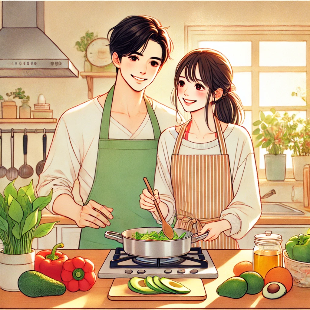 건강한 식사를 함께 준비하는 커플