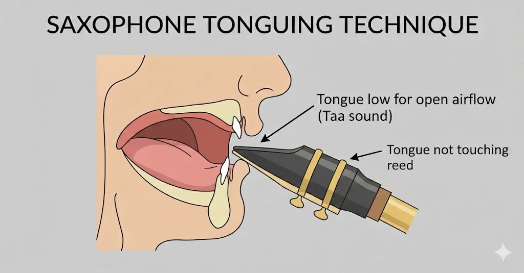색소폰 텅잉 시 올바른 혀의 위치와 리드 접촉 단면도