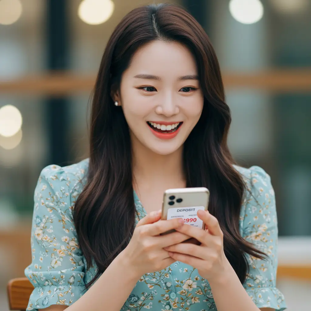 폰을 보면서 인터넷 미환급급을 받고 기분이 좋은 여성모습