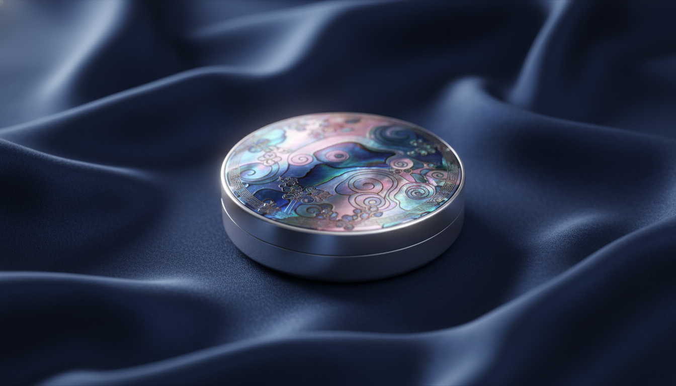 한국 전통 자개 문양이 돋보이는 클리오 국가유산청 콜라보 한정판 쿠션 케이스가 푸른 비단 위에 놓여 있는 모습