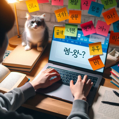 고양이와 함께 노트북 화면에 '변-왕?'이 표시된 장면