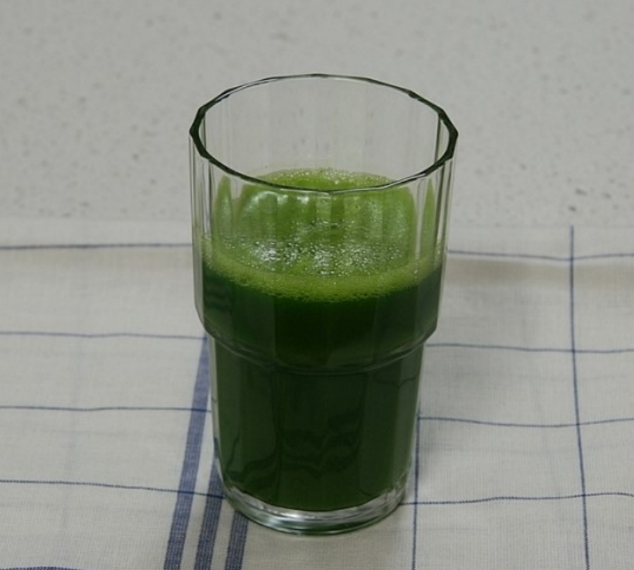 야생에서 채취를 한 부추를 깨끗하게 세척을 한 후에 믹서에 갈아서 만든 부추생즙을 투명한 유리컵에 반쯤 담아두고 찍은 사진