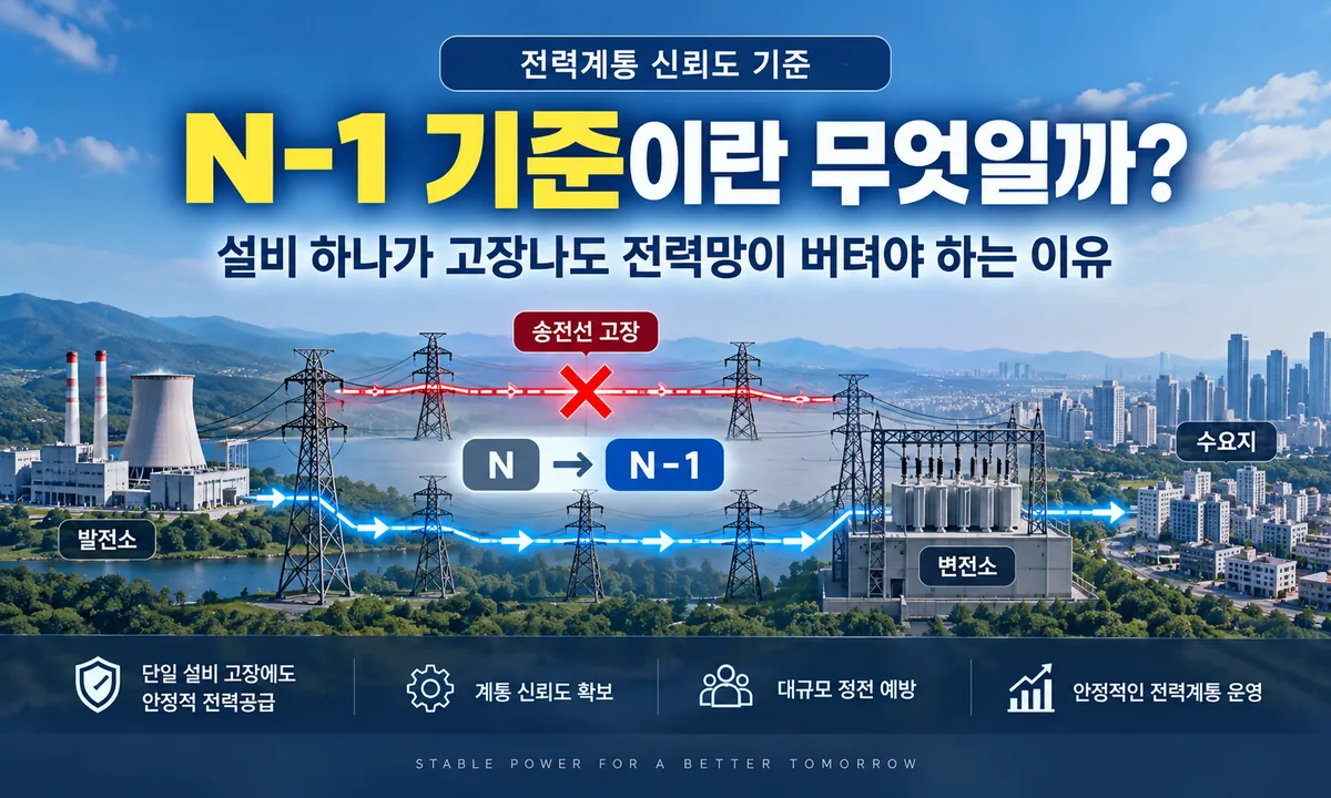 N-1 기준과 단일 설비 고장 시 전력망 우회 공급 개념을 설명한 인포그래픽