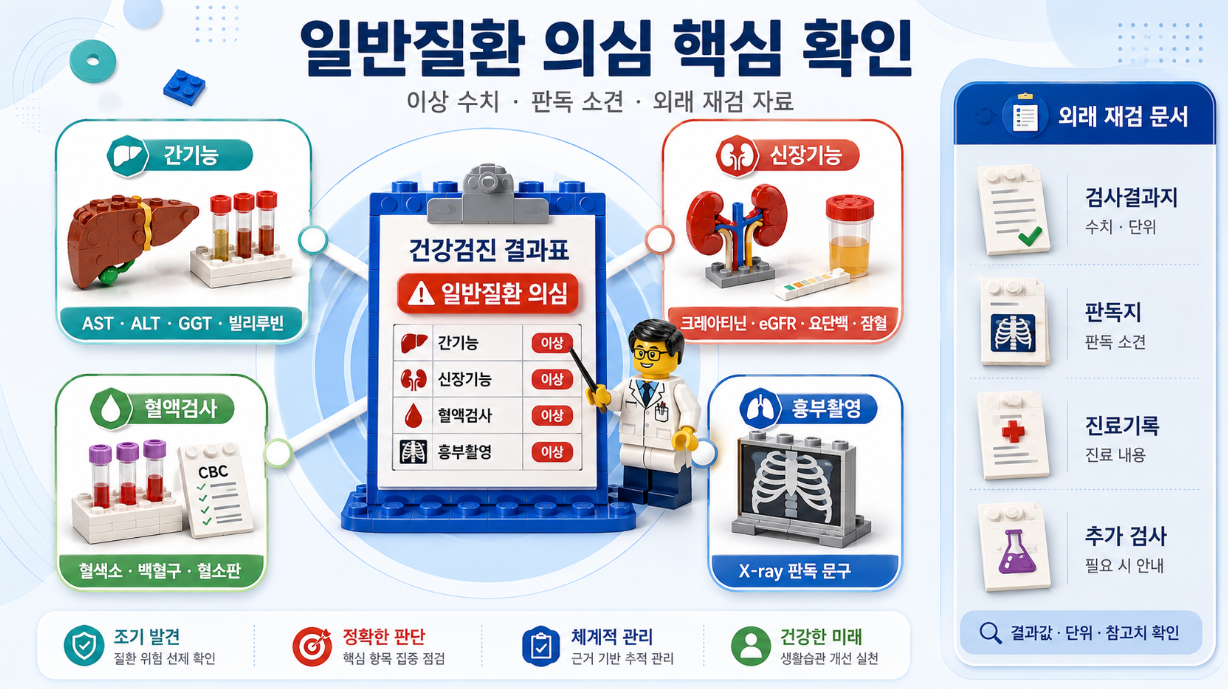 일반질환 의심 문구에서 간기능, 신장기능, 혈액검사, 흉부촬영 항목과 외래 재검 문서를 정리한 레고 스타일 인포그래픽