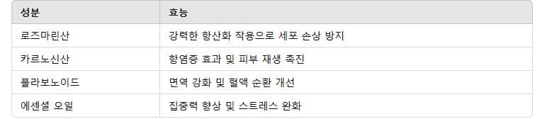 로즈마리 주요성분과 효과를 정리한 표 
로즈마린산- 강력한 항산화 작용으로 세포 손상 방지
카르노신산- 항염증 효과 및 피부 재생 촉진
플라보노이드- 면역 강화 및 혈액 순환 개선
에센셜 오일- 집중력 향상 및 스트레스 완화