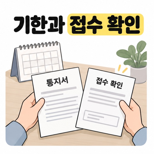 탁상 달력 앞에서 통지서와 접수 확인 문서를 양손으로 들고 확인하는 장면