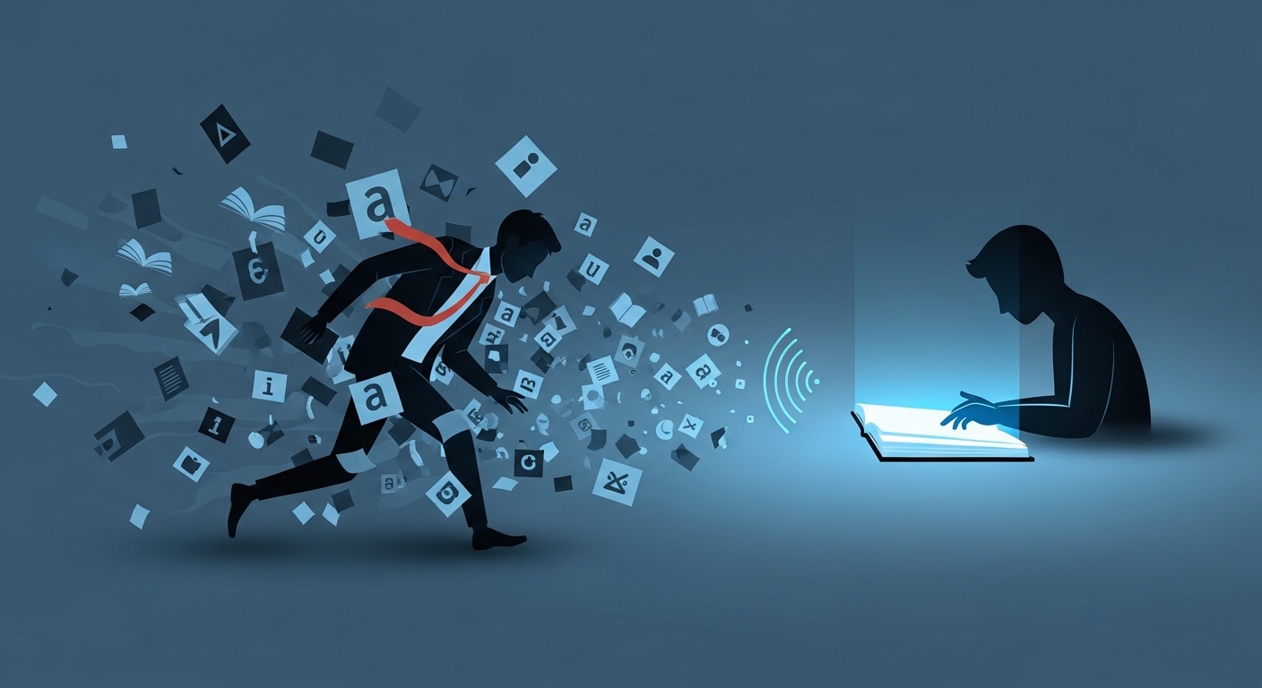 빠르게 훑어보는 습관에서 벗어나 NotebookLM을 활용해 깊이 있는 느린 읽기로 전환하는 모습을 추상적으로 표현한 이미지.