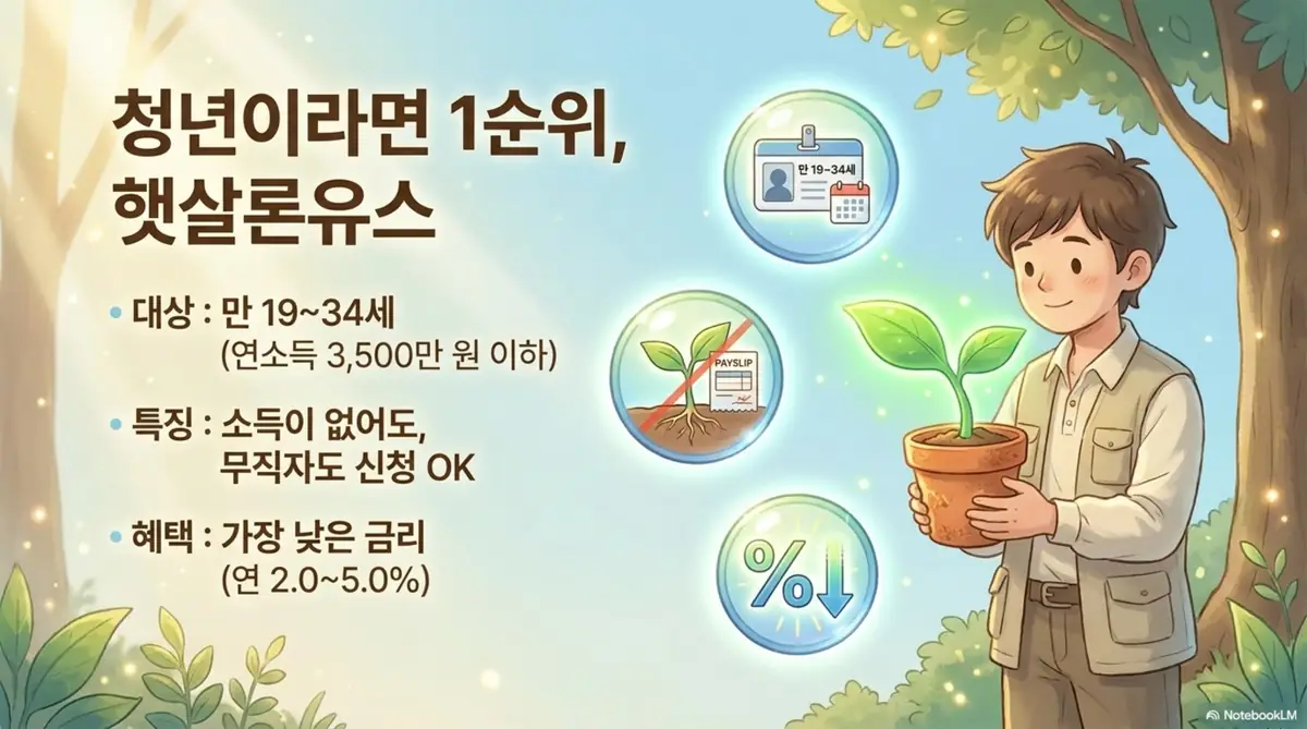 햇살론 대출: 새싹 화분을 든 청년 옆에 신분증·급여명세서·금리 하락 아이콘이 떠 있는 일러스트. 만 19~34세 연소득 3,500만 원 이하 청년이 대상이며 소득이 없는 무직자도 신청할 수 있고 연 2.0~5.0%로 가장 낮은 금리가 적용되는 햇살론유스의 대출조건을 시각적으로 전달하며, 블로그의 햇살론 종류별 자격·금리 비교 주제와 관련된 내용을 설명함