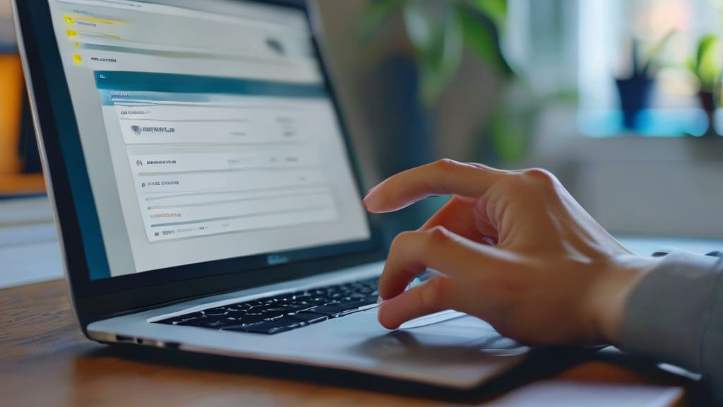 노트북으로 국가장학금을 신청 중인 손의 모습