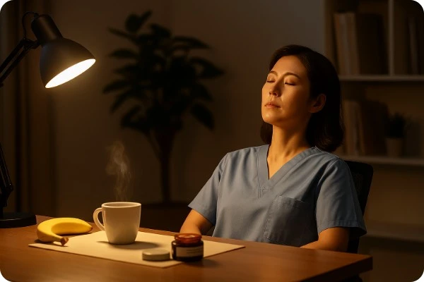 퇴근 후 조용한 공간에서 눈을 감고 쉬는 의료인의 모습