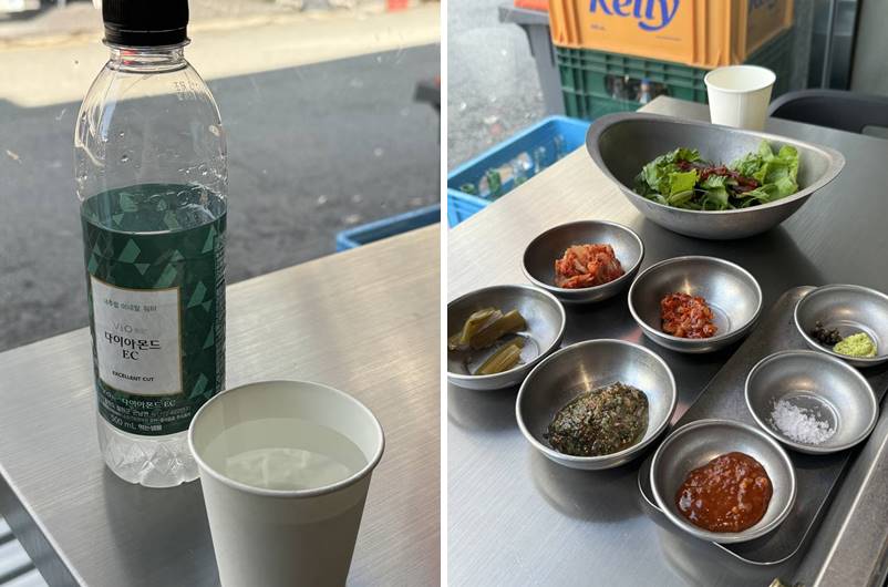 기본 반찬 및 물과 물컵