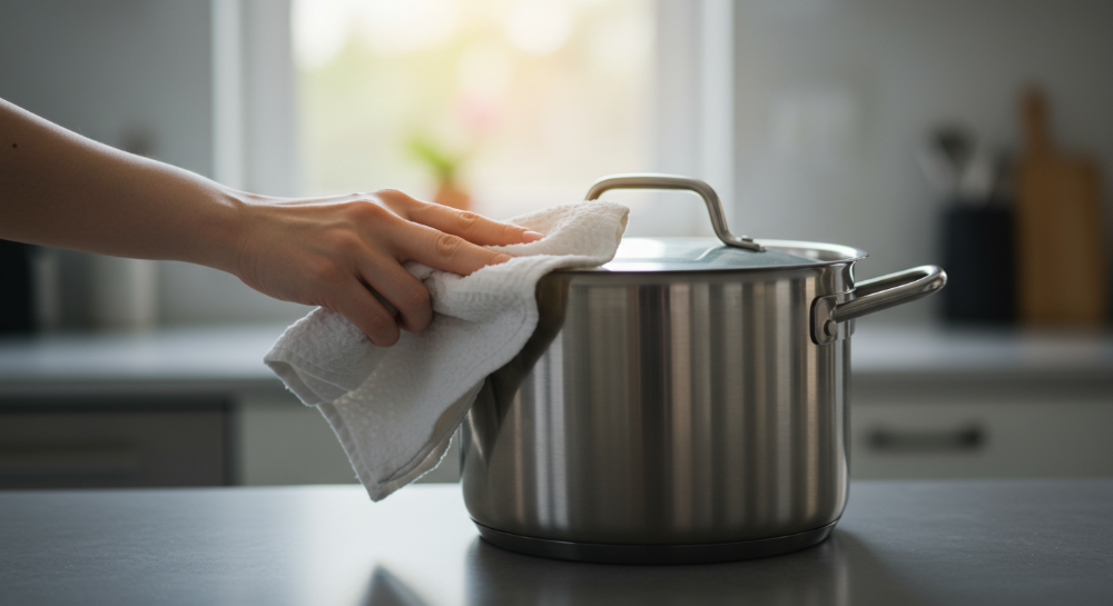 새 스테인리스 냄비에 묻은 연마제를 키친타월로 깨끗하게 닦아내는 모습으로, 건강한 주방 환경을 위한 필수 과정을 강조합니다.
