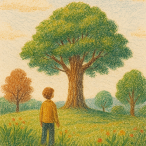 나무를 바라보는 아이의 뒷모습