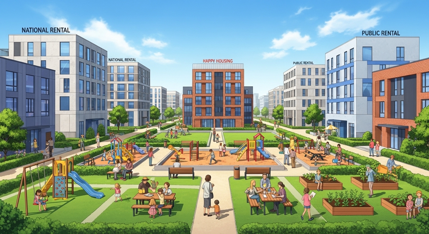 다양한 종류의 임대아파트 단지가 조화롭게 어우러진 주거 환경에서 사람들이 편안하게 생활하는 일러스트.