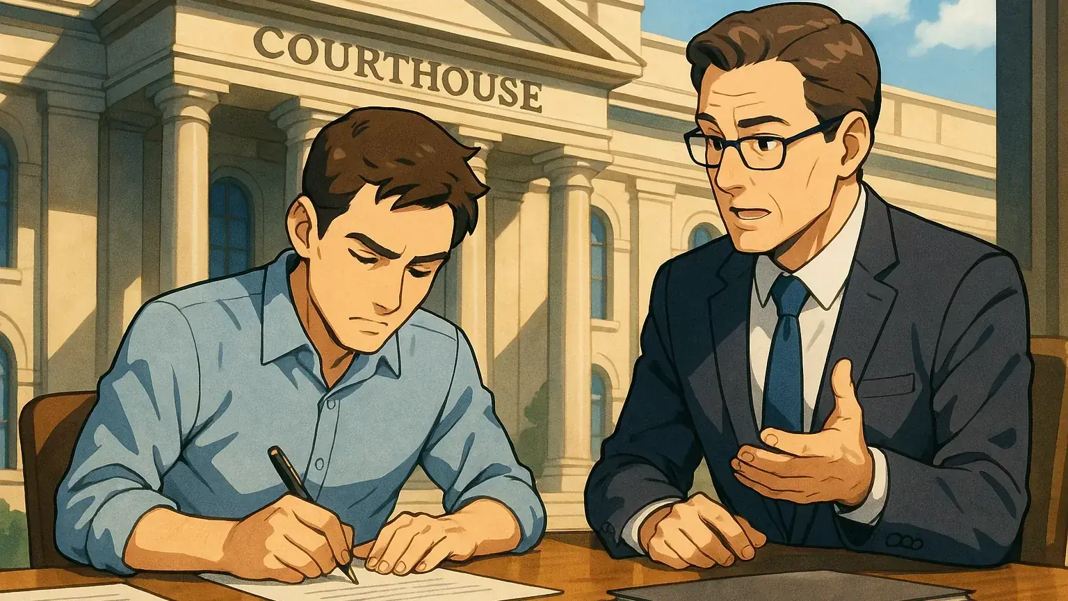 진정서 작성하는 모습과 법원 건물이 함께 보이는 전문적인 법무 상담 장면