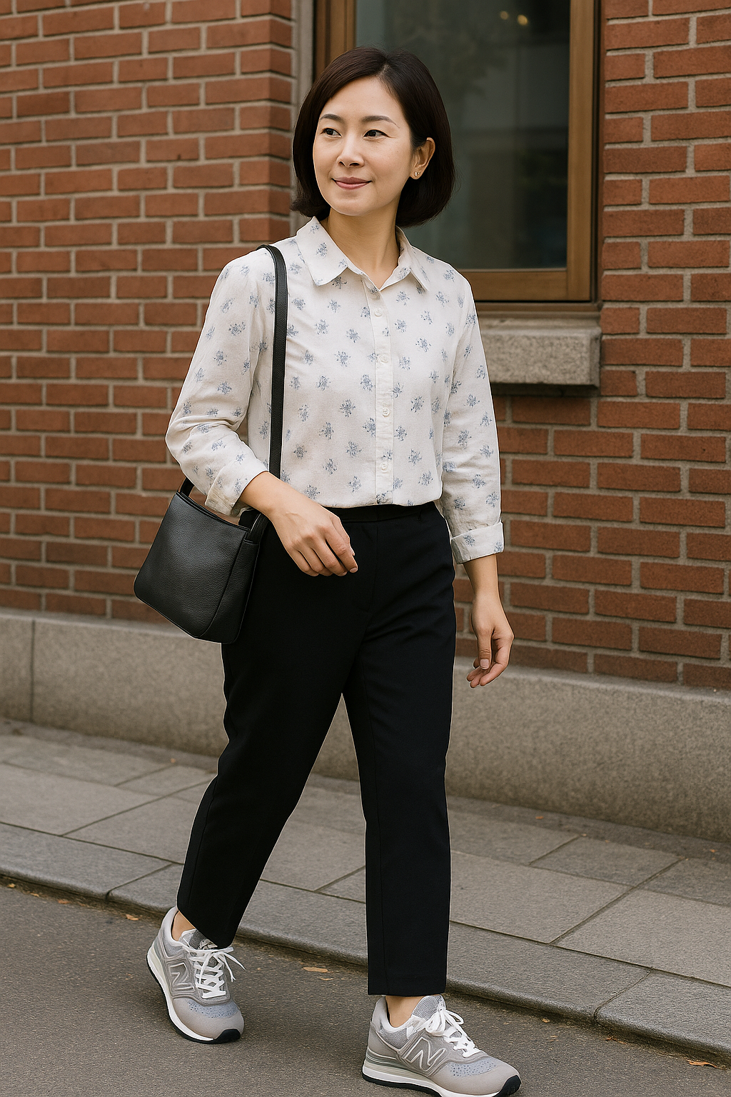 뉴발란스 574를 신은 중년 여성의 깔끔한 외출룩