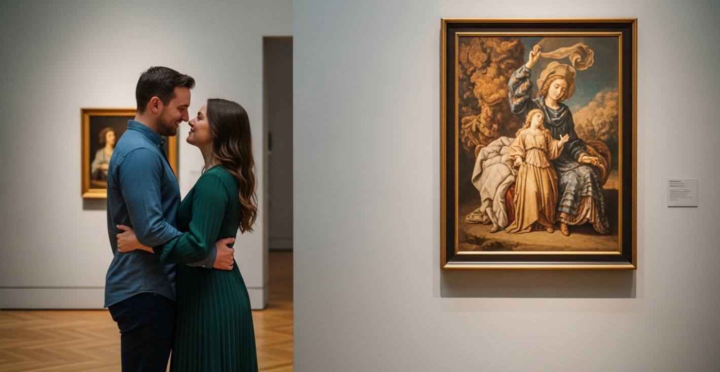 A couple taking photos on a date at a modern art museum