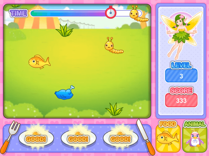 체리의-생일파티-중급-쥬니어네이버-플래시게임-플레이2-같은색의-생선-3개를-접시에-올리고-점수를-획득하는-화면