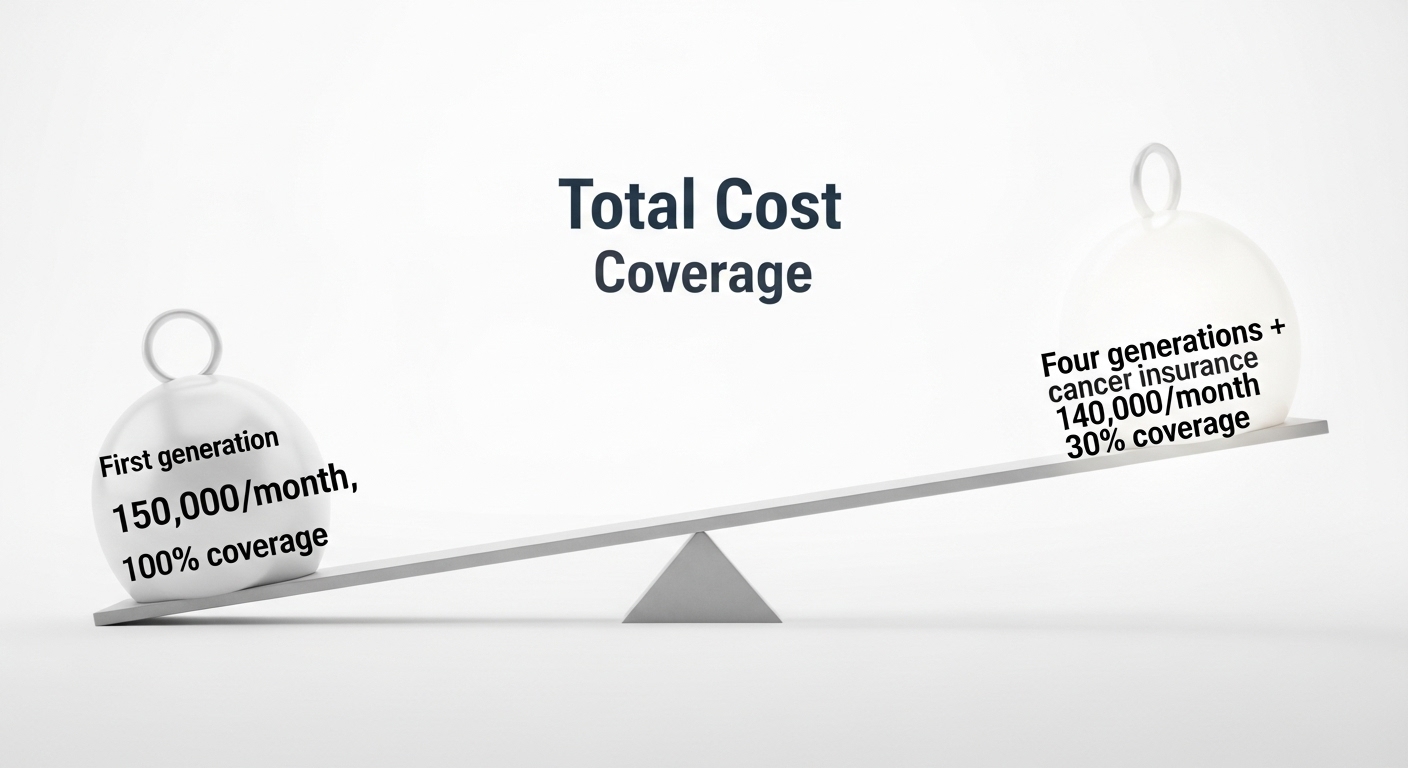 1세대(15만원/보장 100%) vs 4세대+끼워팔기(14만원/보장 30%)의 '총 지출'과 '보장'을 비교하는 그래프