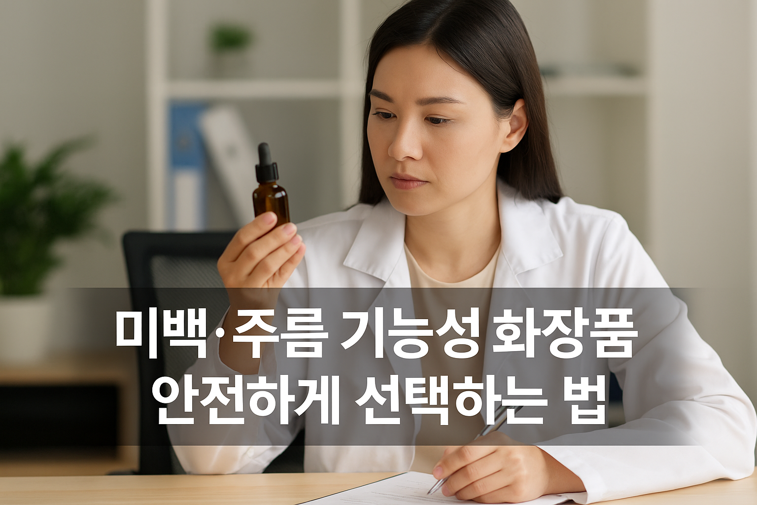 밝은 사무실에서 한국인 여성 전문가가 갈색 드롭퍼 병을 들고 화장품 성분을 검토하며 문서에 기록하고 있는 모습. ‘미백·주름 기능성 화장품 안전하게 선택하는 법’이라는 문구가 중앙에 강조되어 있음.