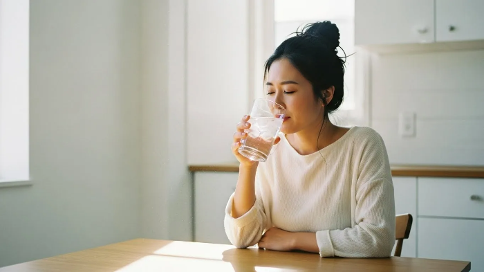 전날 숙취로 부엌 식탁에 앉아 냉수를 마시고 있는 여성