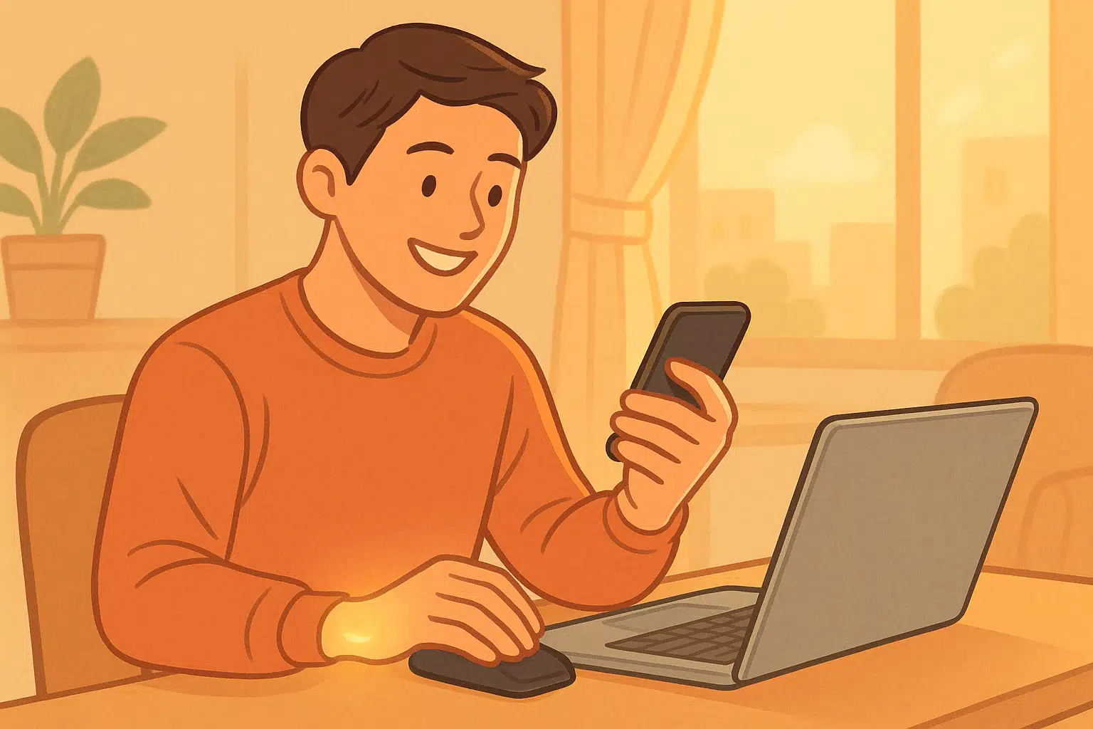 밝은 표정으로 스마트폰과 노트북을 무리 없이 사용하는 사람