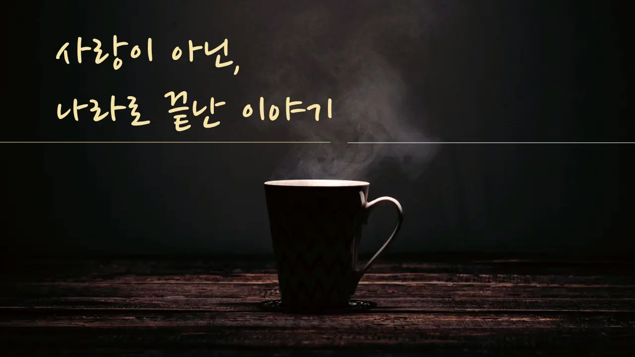 사랑이 아닌 나라로 끝난 이야기라는 문구와 김이 나는 머그컵이 어두운 배경 위에 놓인 감성적인 썸네일 이미지