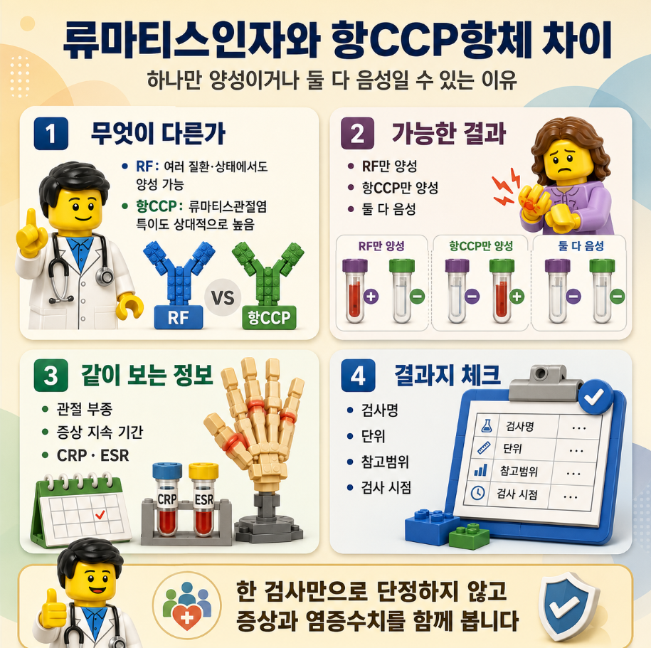 류마티스인자(RF)와 항CCP항체의 차이와 검사 결과 해석을 한눈에 비교한 메디컬 인포그래픽