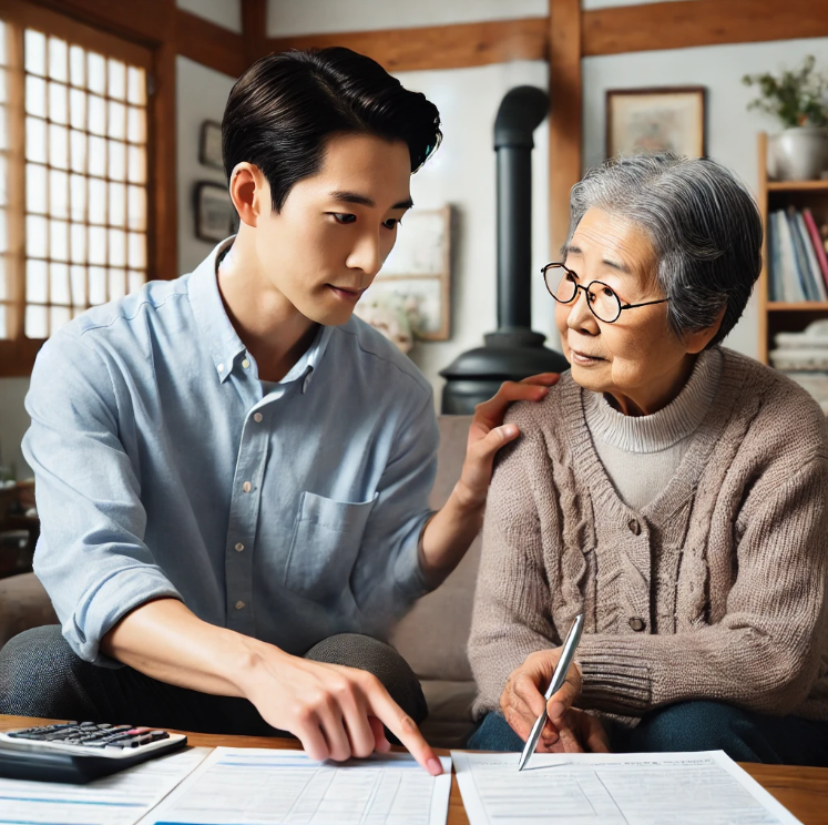 가족이 함께 연금 관련 서류를 작성하고 있는 모습
