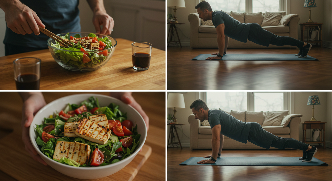 40대 남성이 건강한 식단으로 샐러드를 준비하고 집에서 플랭크 운동을 하는 모습을 보여주는 4컷 구성의 라이프스타일 사진