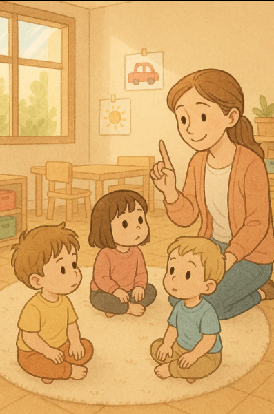 교사의 말을 주의 깊게 듣지 않는 2세 아기와 이를 지켜보는 선생님 모습