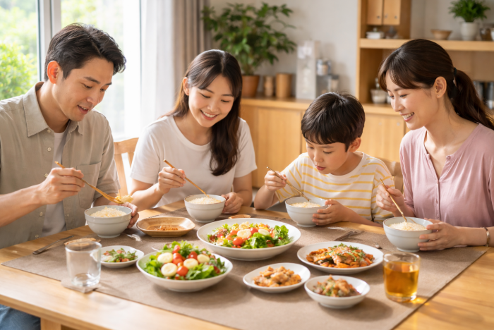 자연광이 들어오는 식탁에서 가족이 천천히 식사를 하며 균형 잡힌 한식을 함께 먹는 모습