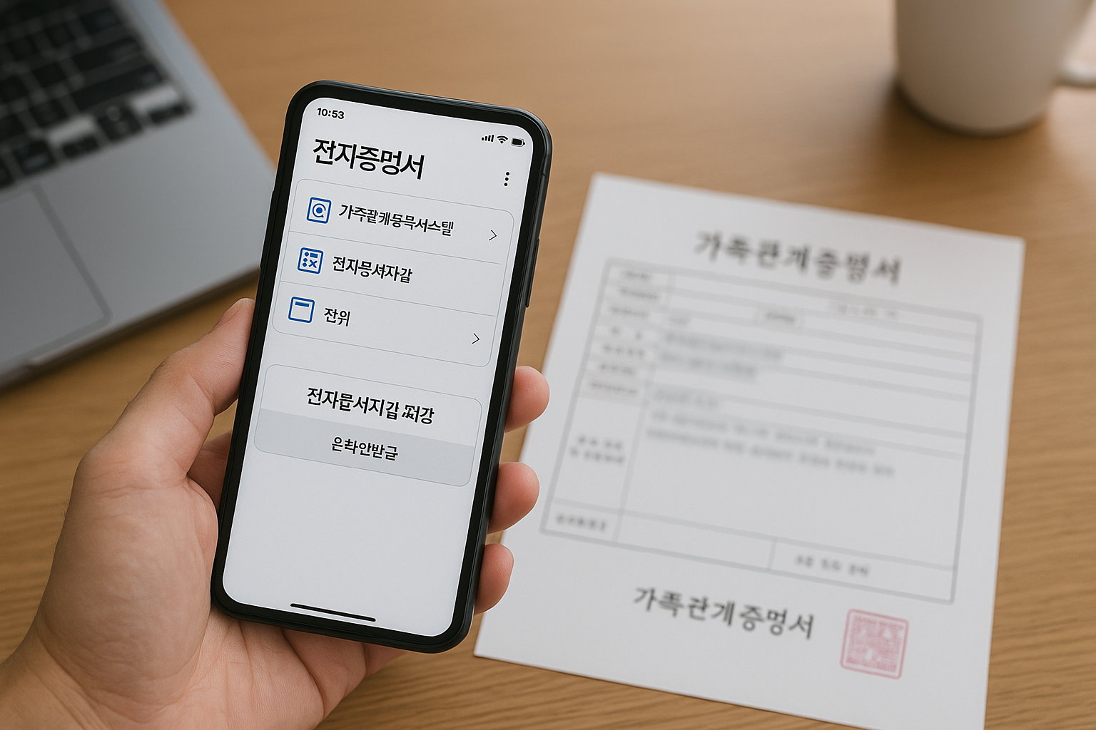 가족관계등록부 모바일 발급 완료 화면과 전자문서지갑 저장 버튼
