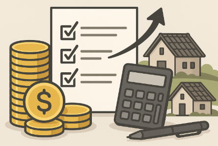 "농촌 빈집 이전비용을 표현한 일러스트, 체크리스트와 동전 더미, 계산기, 펜, 그리고 배경에 배치된 시골 주택 두 채가 함께 있는 디자인"