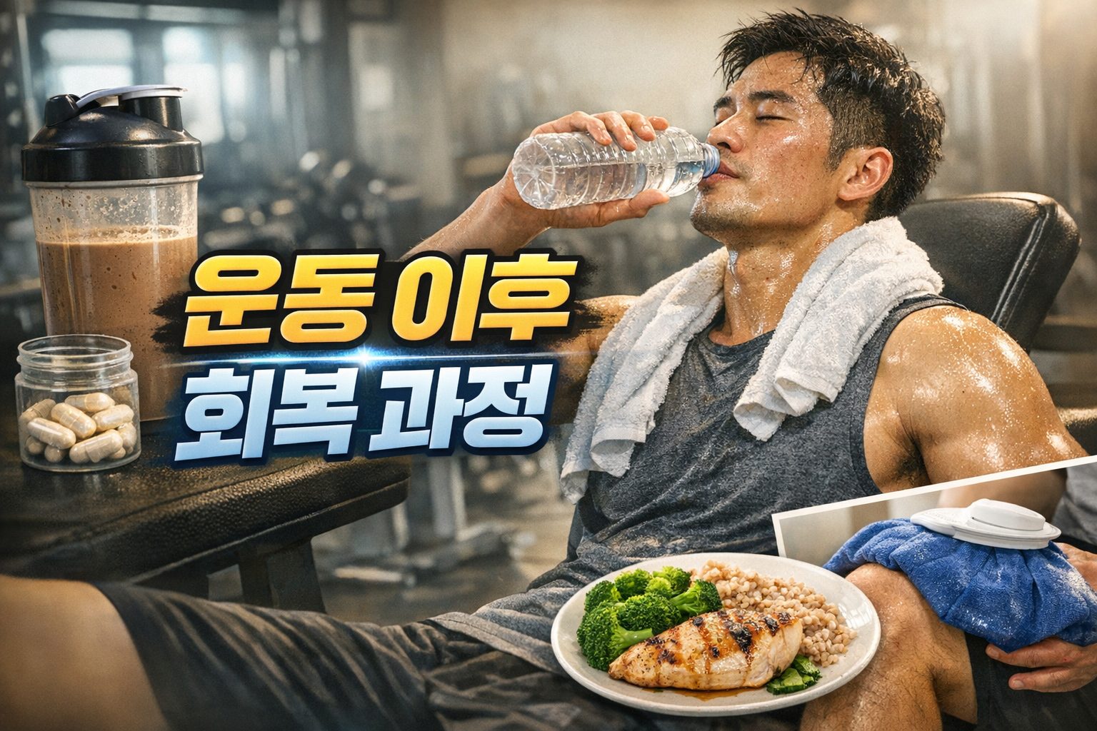 헬스 운동 이후 물을 마시며 휴식 중인 남성과 단백질 식사, 보충제가 함께 배치된 장면으로 운동 후 회복 과정의 중요성을 설명하는 이미지