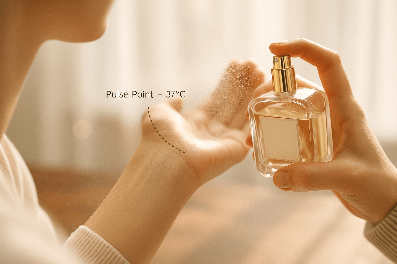 햇살이 부드럽게 들어오는 아침, 보습된 중성적인 손목에 향수가 미세하게 분사되는 장면의 클로즈업. 얇은 곡선 점선이 손목 부위를 따라 &lsquo;맥박 포인트 &ndash; 37&deg;C&rsquo;를 암시하며, 흐릿한 배경에는 목과 귀가 흐릿하게 보여 다른 맥박 부위를 연상시킴. 수분 방울과 밝은 보케 효과가 상쾌하고 깨끗한 분위기를 더함