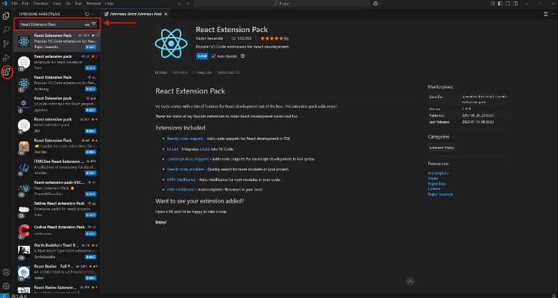 vscode React Extension Pack 설치