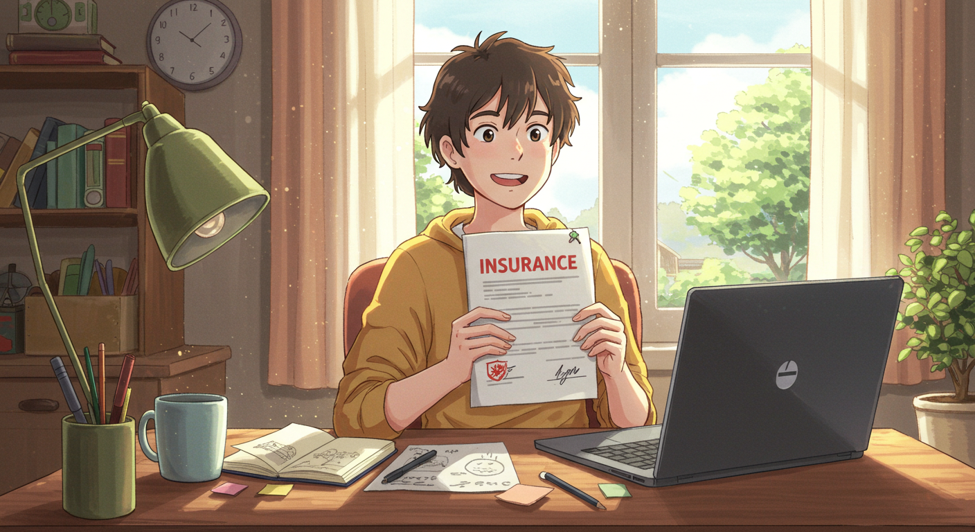 보험 설계서를 들고 환하게 미소 짓는 프리랜서 일러스트