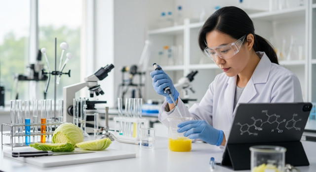 실험실에서 양배추 추출물 실험 중