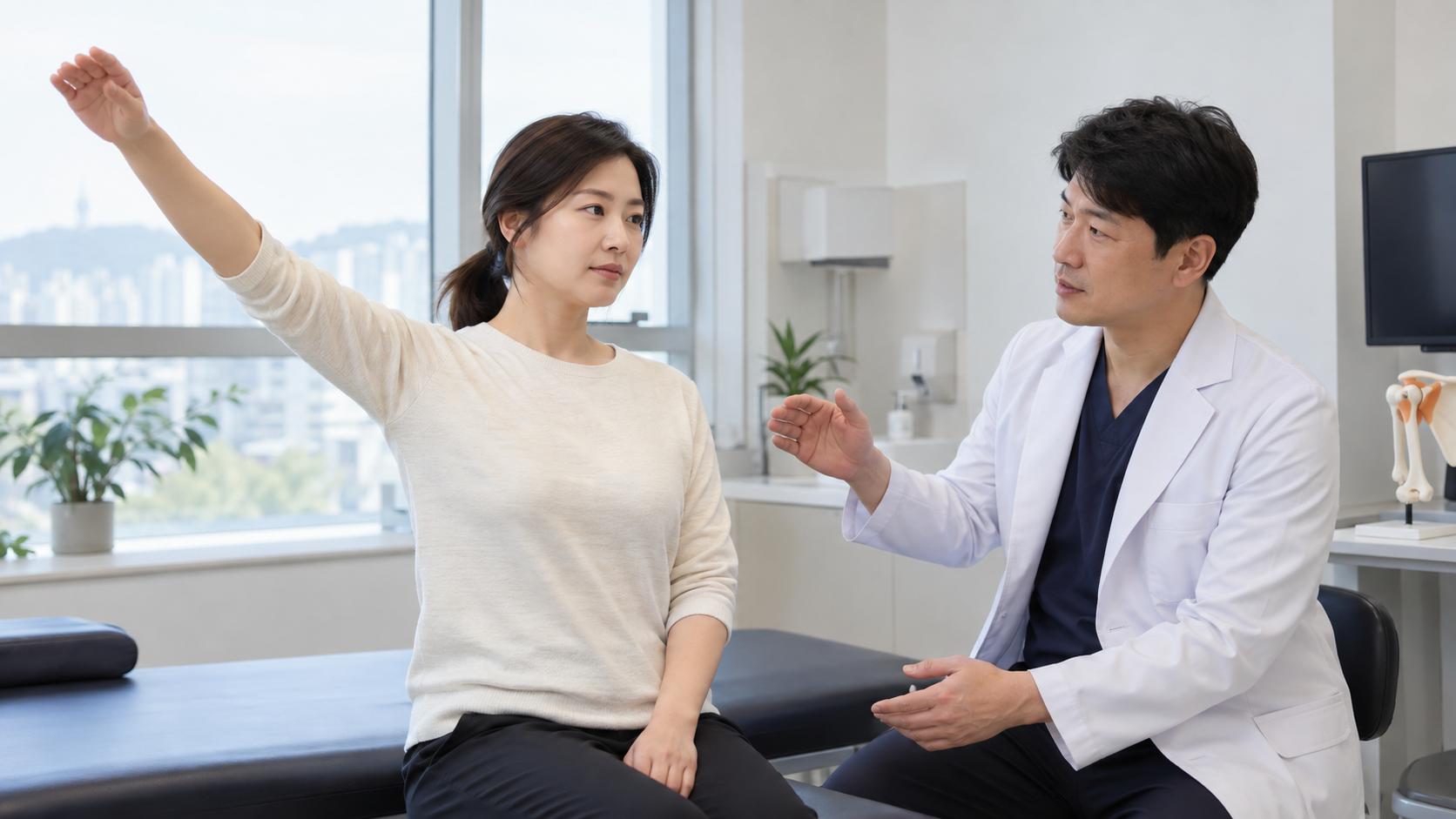 진료실에서 의료진이 환자의 어깨 움직임 범위를 확인하는 모습