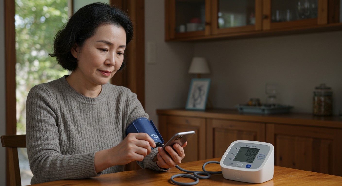 혈압계와 스마트폰 앱으로 혈압을 기록하는 모습, 평온해 보이는 중년 여성