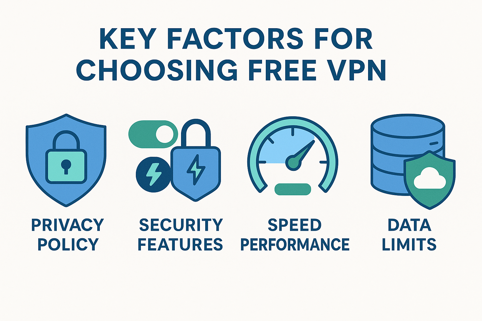 2025년 무료VPN 선택 가이드 - 개인정보보호, 보안기능, 속도, 데이터제한 고려사항 인포그래픽