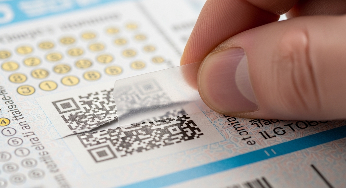 찢어진 로또 QR코드 위에 무광 투명 테이프를 조심스럽게 붙여 훼손된 부분을 평평하게 만드는 모습.