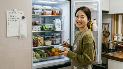 식재료 소분 및 유통기한 메모로 정리된 알뜰 냉장고