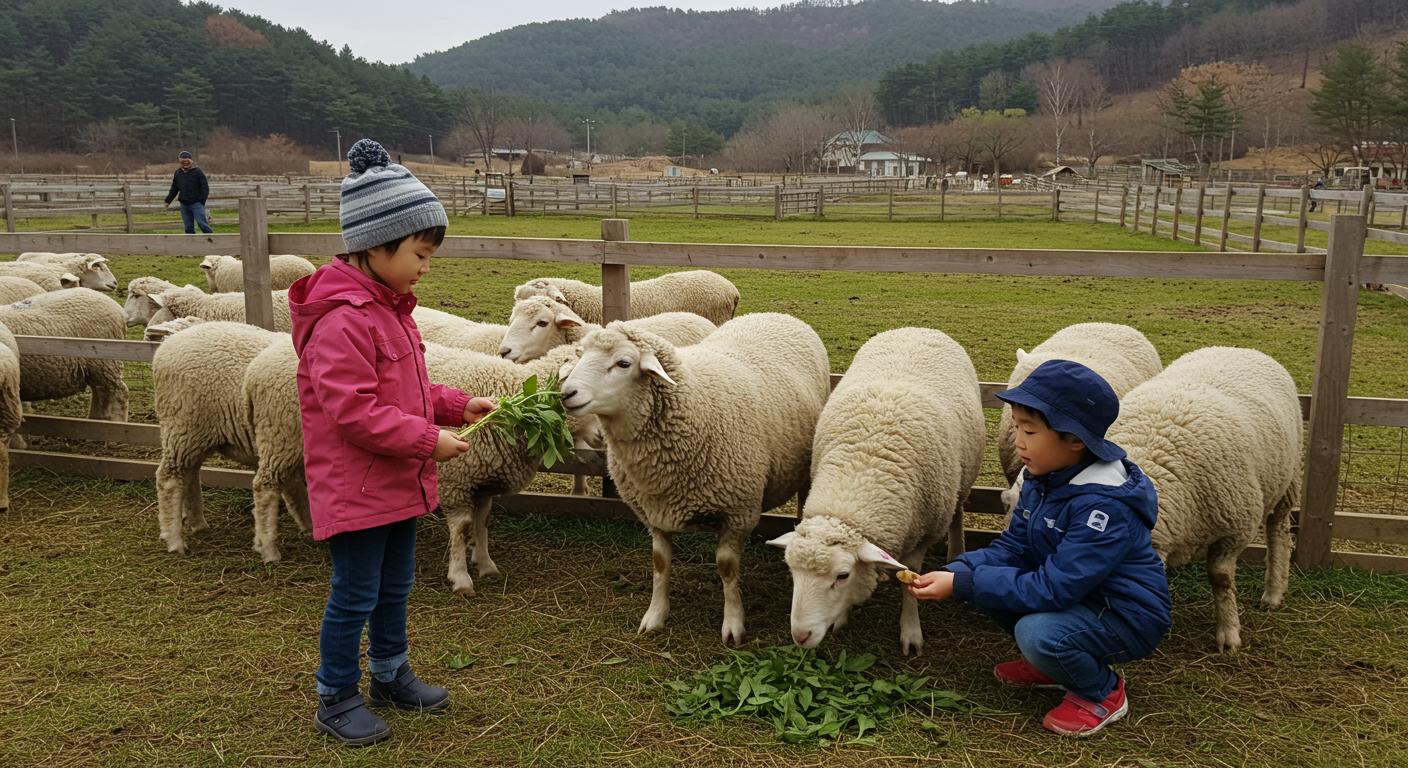 평창 대관령 양떼목장에서 양에게 먹이를 주는 어린이