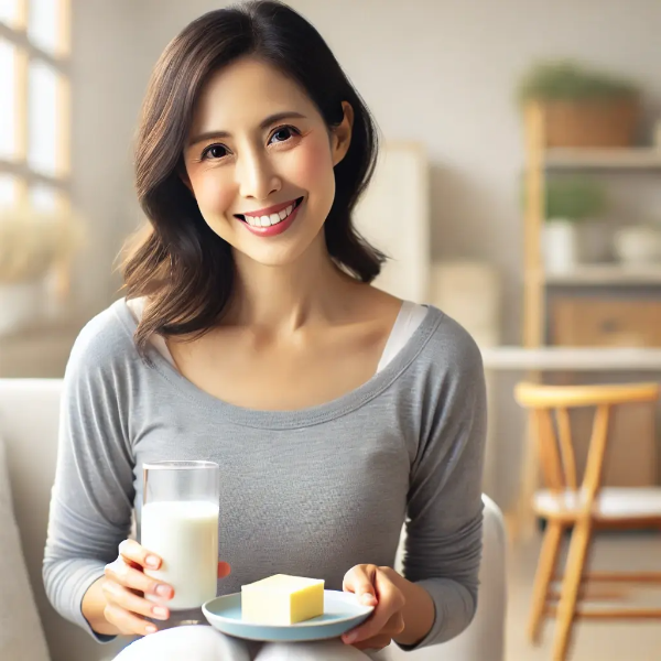 밝은 거실에서 우유와 치즈를 들고 미소짓는 중년 아시아 여성