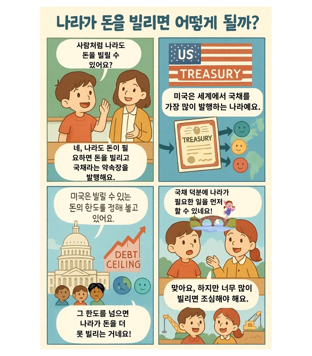 어린이가 나라도 돈을 빌릴 수 있고 미국 국채가 세계 경제와 연결되며 국채 한도와 나라의 안전벨트 역할을 배우는 4컷 경제 교육 만화