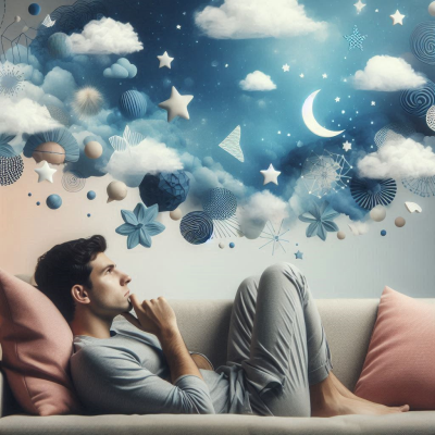 남자가 소파에 앉아 꿈속의 별들과 달을 바라보며 상상하는 장면